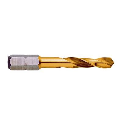 Golden drill bit with hexagonal shank, suitable for metalworking.