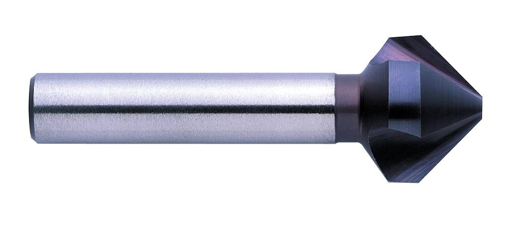 A silver countersink, a tool with a conical head and a sharp cutting edge, used for chamfering drill holes.