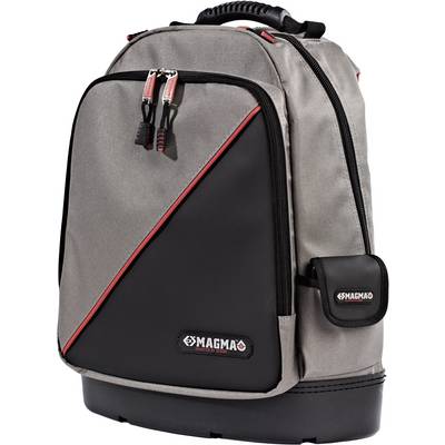 Grey Rucksack by Magma with multiple compartments and black and red accents, suitable for transporting DJ equipment.