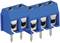 Blue, two-pole connector with four metal pins and screw terminals, for use in electronic circuits.