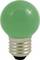 A green light bulb with a silver fitting, standing upright.