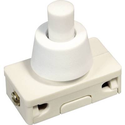 A white press switch on a rectangular, cream-coloured base with two screw terminals, suitable for household appliances.