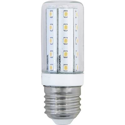 A LED light bulb with a screw base, positioned vertically, displays the LED chips in rows on a cylindrical housing.