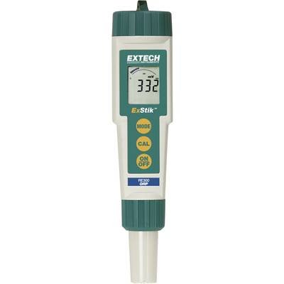 Handheld meter for measuring redox potential. Screen displays '332 mV', with buttons below: Mode, Cal, On/Off. Brand Extech, Model ExStik RE300.