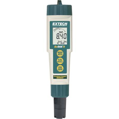 Portable oxygen metre with digital display showing '8.10 mg/L' and '25.2 °C'. Brand name at the top, function buttons underneath.