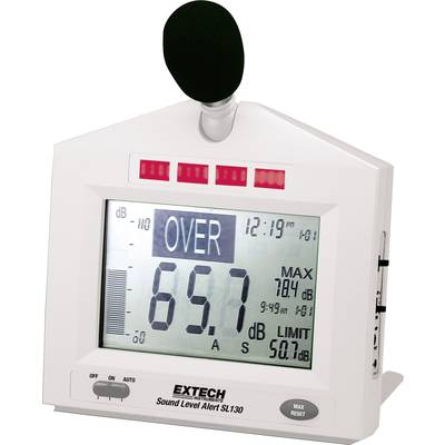 Sound level meter with digital display, showing sound level '65.7 dB'. 'OVER' is displayed. Microphone at the top, red warning lights are illuminated.