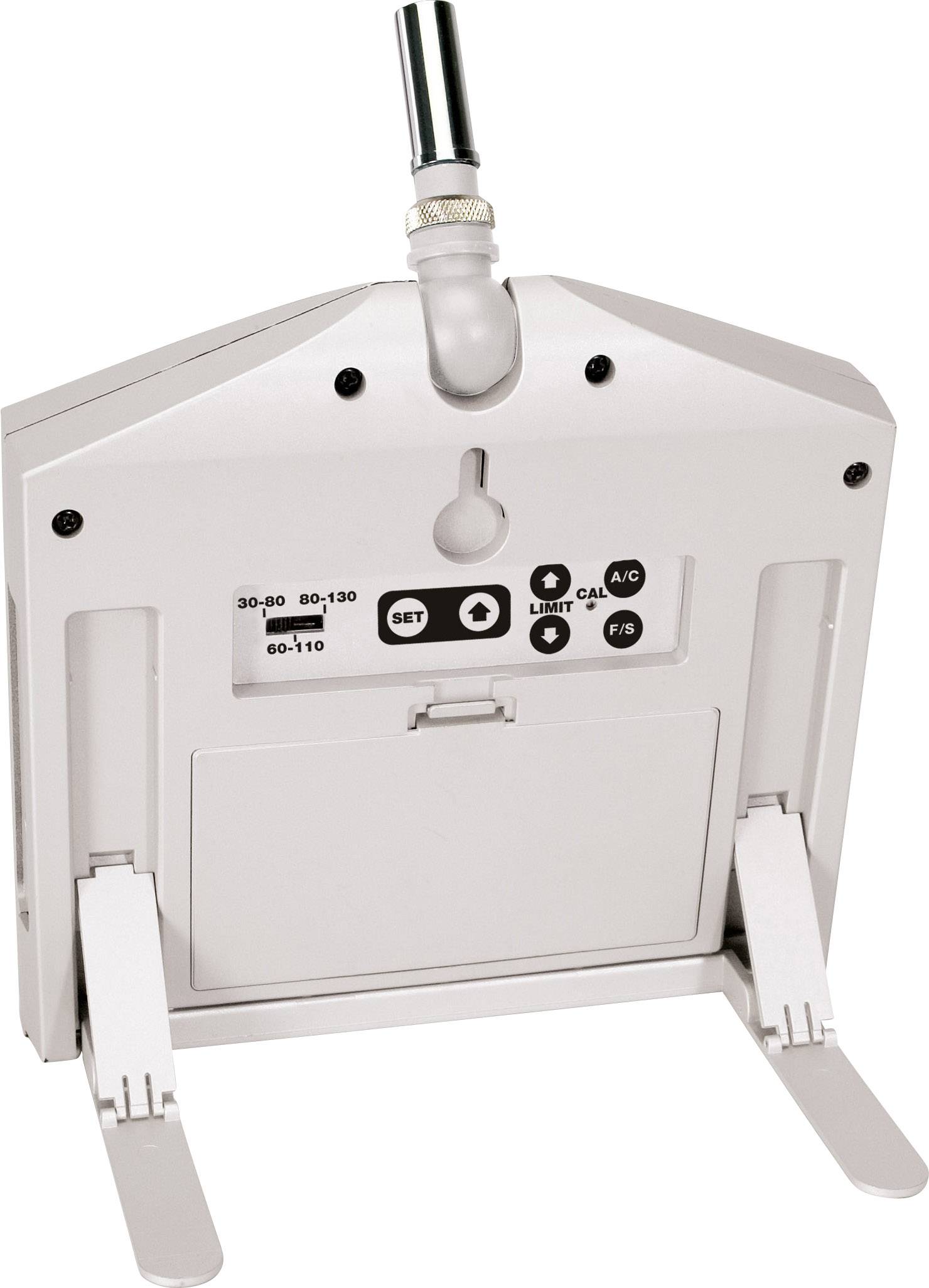 Device with sensor, displaying adjustment buttons and two adjustable stands on the underside, enabling precise positioning and measurement.