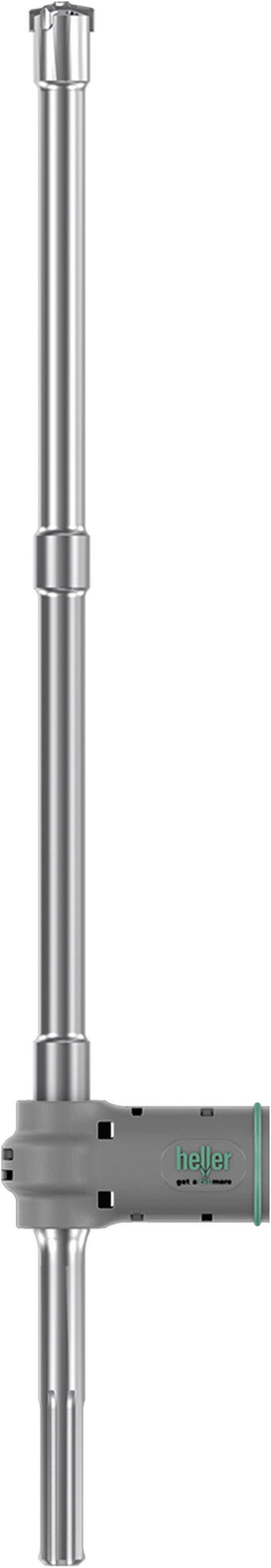 A silver, vertical industrial measuring tool with a grey, cylindrical casing and green marking, used for precision measurements.