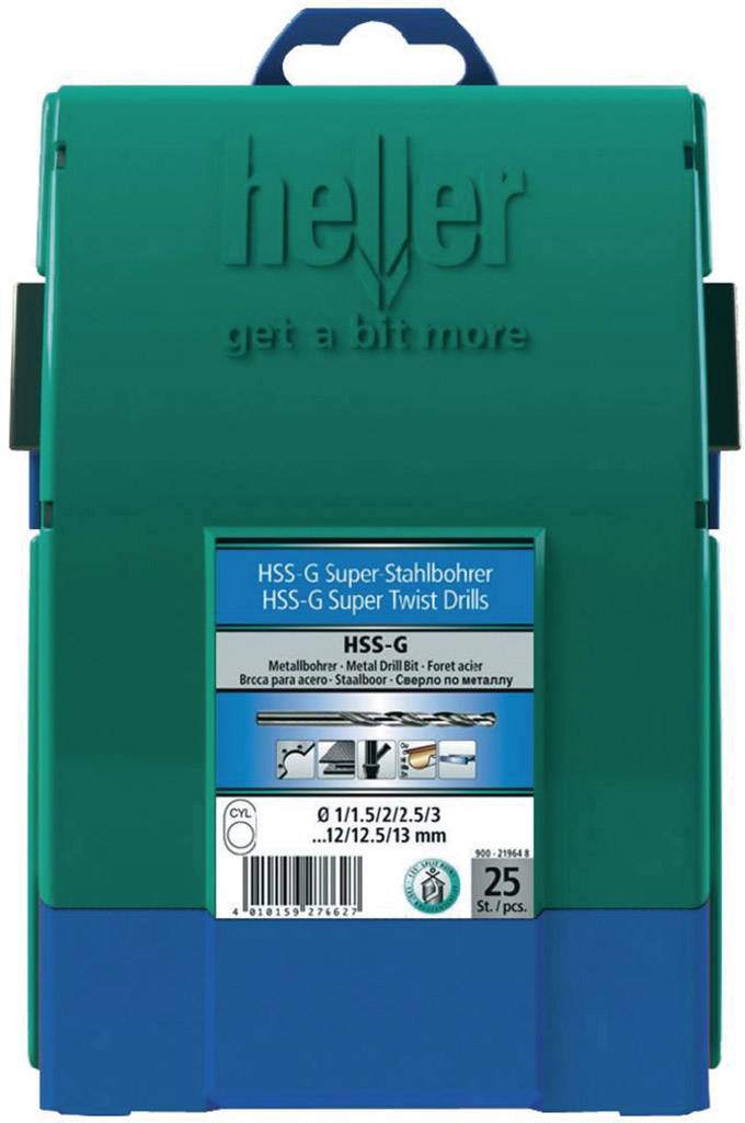 Green and blue drill bit case by 'heller' with label 'HSS-G Super Steel Drill Bits', metric sizes from 1 to 13 mm.
