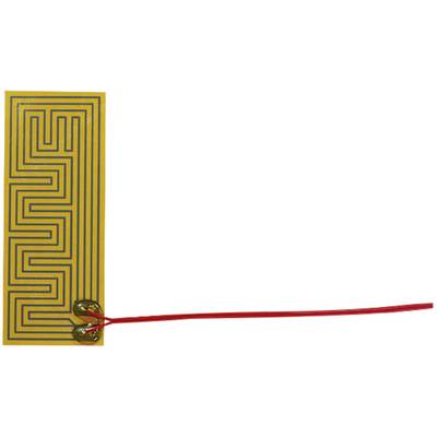 A rectangular sensor with a labyrinthine pattern on a yellow background, connected with red wires.