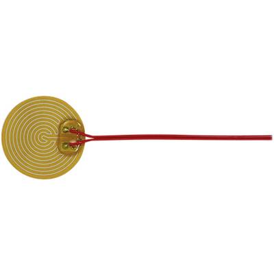 A circular FSR pressure sensor with a spiral-shaped conductor, connected with two red cables. The sensor detects the force applied to it.