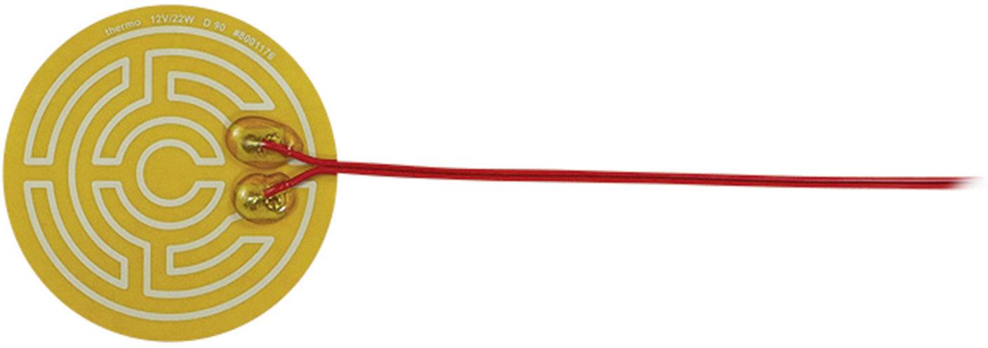 Round, golden heating resistor with labyrinth pattern and red connection cables, commonly used in electronics for precise heating.