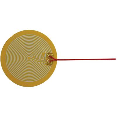 A round, flexible heating film with a spiral-shaped heating wire and red connecting cable, on a yellow background.