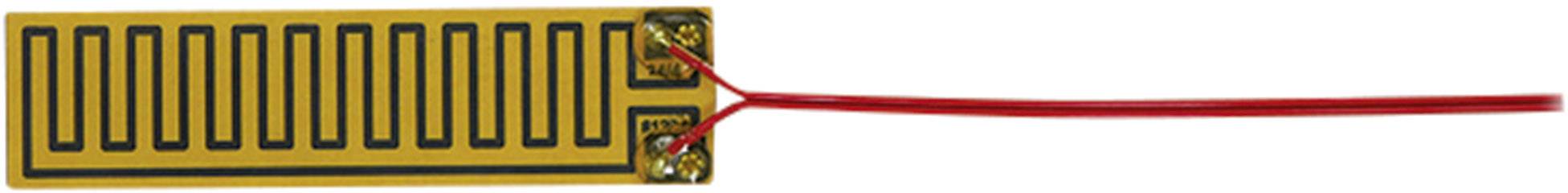 Flexible heating element with a rectangular, golden surface and red cable on the right side. Suitable for heat transfer.