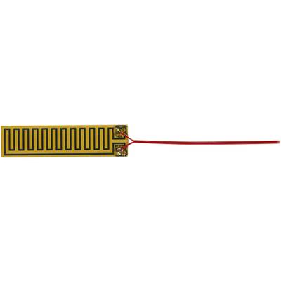 Flexible heating element with a rectangular, golden surface and red cable on the right side. Suitable for heat transfer.