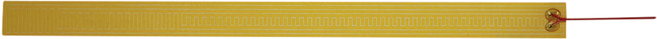 A rectangular gold-yellow heating element strip with parallel lines and a red wire connection on the right side.