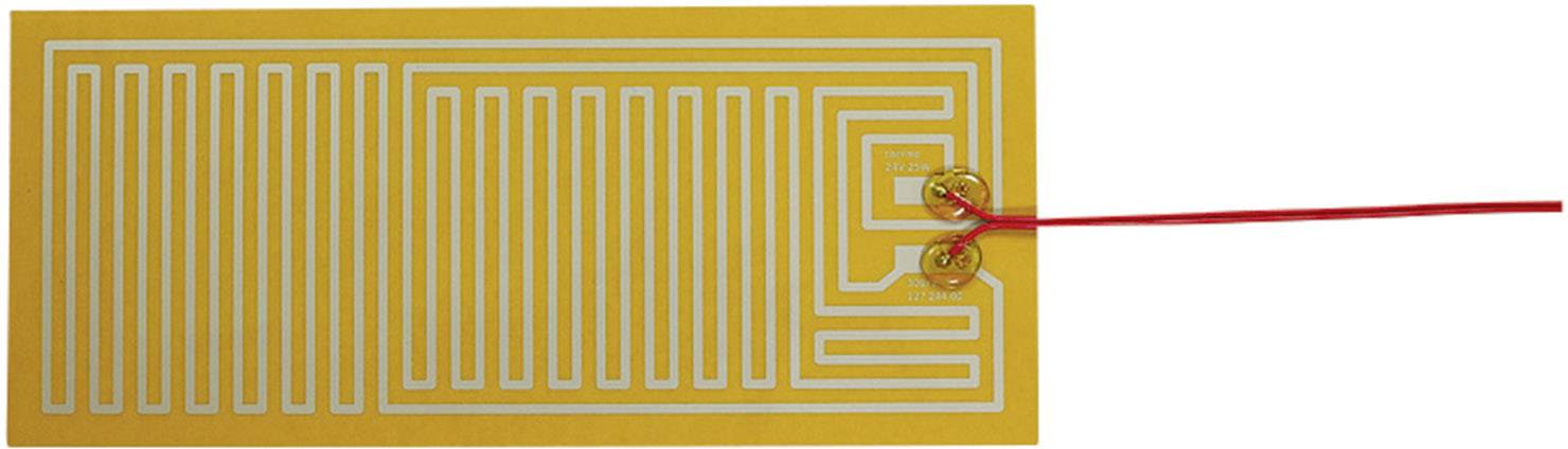 A rectangular heating element made of thin, white conductive tracks on yellow carrier material with two red connecting wires on the right.