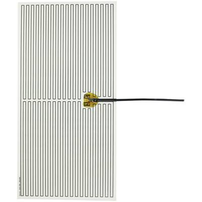 A rectangular foil force sensor with parallel lines and a cable on the right side, connected to a yellow centre.