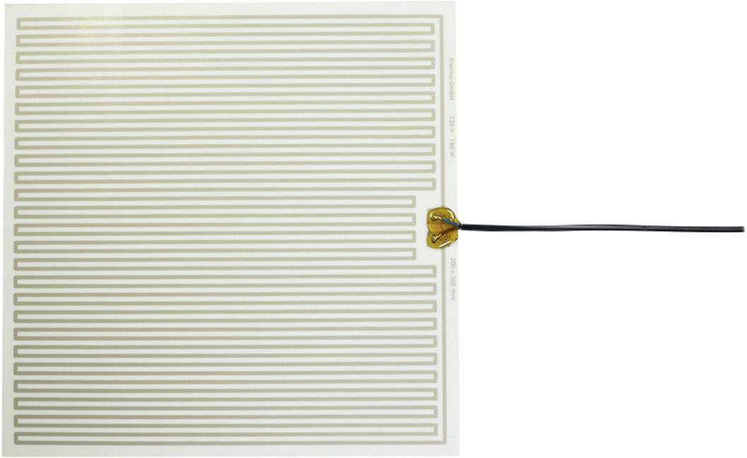 A rectangular heating pad with thin parallel lines and a cable on the side for power supply.