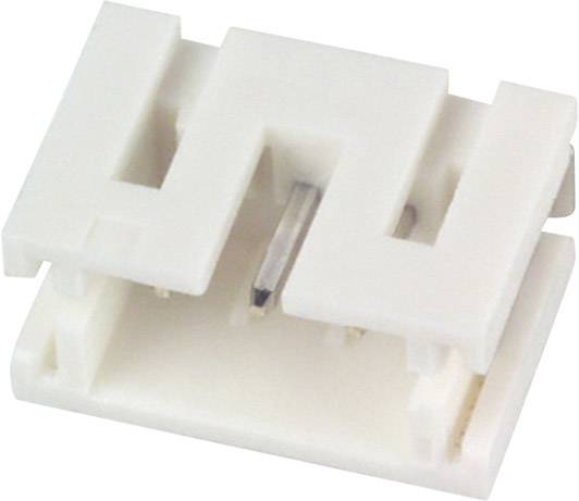 A white, rectangular plug connector with metal pins in the centre, used for electrically connecting cables.