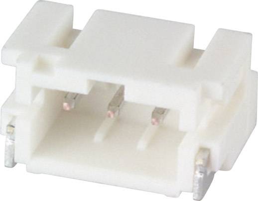 Plastic connector with two metal pins, white, rectangular, shown from a top-down view.