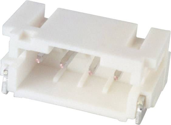 A white, rectangular plug connector with four metal pins, suitable for connecting electrical components.