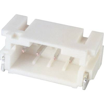 A white, rectangular plug connector with four metal pins, suitable for connecting electrical components.