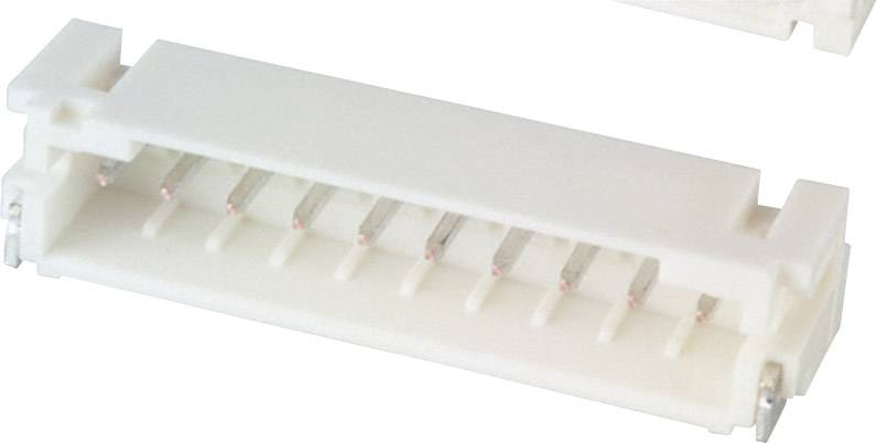 White plastic connector with eight metal contacts, used for electronic connections in devices.