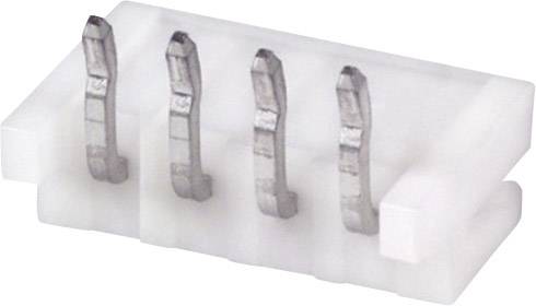 A four-pole, white plastic connector with metal contacts, side view. Suitable for electronic connections.