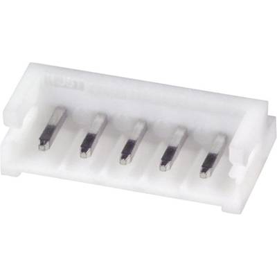 A white electrical plug connector with five silver contact pins, horizontally aligned.