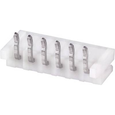 White plastic connector strip with six metal pins, photographed from the side against a white background.