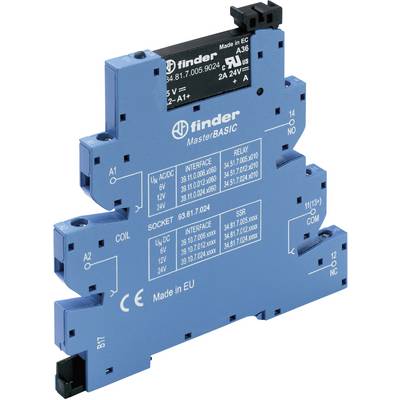 Blue, flat switching relay base 'Finder MasterBASIC', labelled with technical details and connection points, for electrical installations.