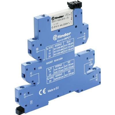 'Finder' relay module in blue, model number visible. Electrical specifications are printed: 6A, 250VAC, 5V coil voltage.