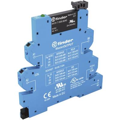 Blue, modular relay module for electrical circuits, with CE marking and technical data on the front.