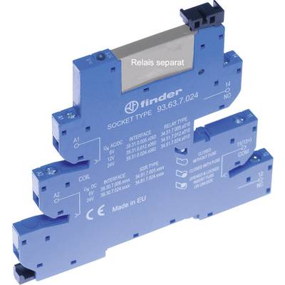 Blue relay base, Type 93.63.7.024 by Finder, with details of voltage and interface. At the top, the inscription 'Relay separate'.