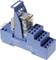 Blue relay module with multiple terminals and a transparent casing. Markings show 'Made in EC' and '10A 300VAC'.
