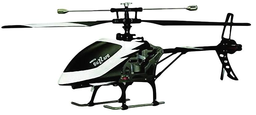 A black and white model helicopter with two rotor blades. The body is sleek and aerodynamically shaped.