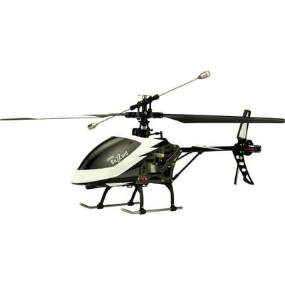 A remote-controlled model helicopter with black and white design is sitting on a white surface.