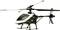 A remote-controlled model helicopter with black and white design is sitting on a white surface.