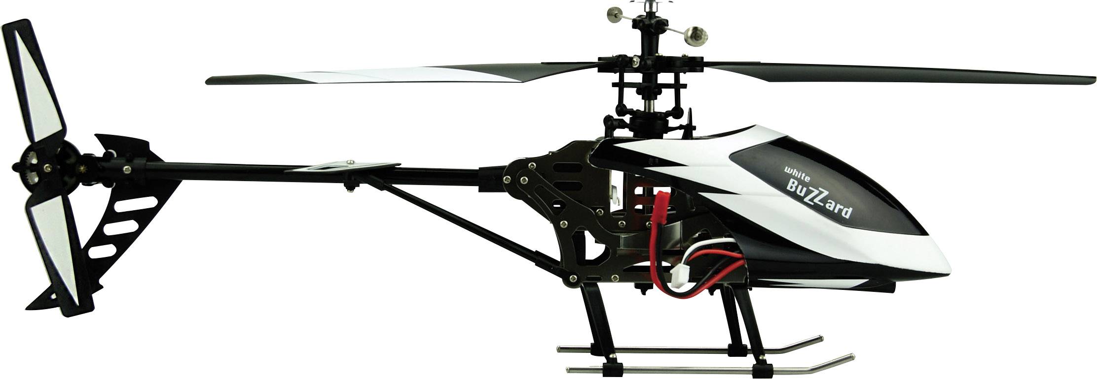 A remote-controlled model helicopter with a black and white design, presented against a neutral background.