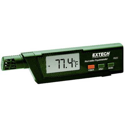 Portable digital psychrometer showing '77.4°F'. Device has buttons for Power, Hold and Mode. Brand Extech, Model RH25.