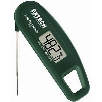 Digital cooking thermometer displays '48.2 °C'. Dark green casing with metal probe, suitable for measuring food temperatures.