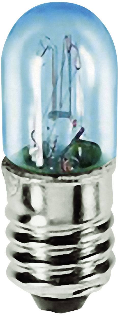 A small, energy-efficient light bulb with bluish glass and a silver screw thread. Electrical contact points are visible.