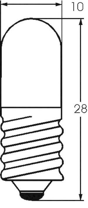 Drawing of a light bulb with thread. Dimensions marked: 10 mm width and 28 mm height.