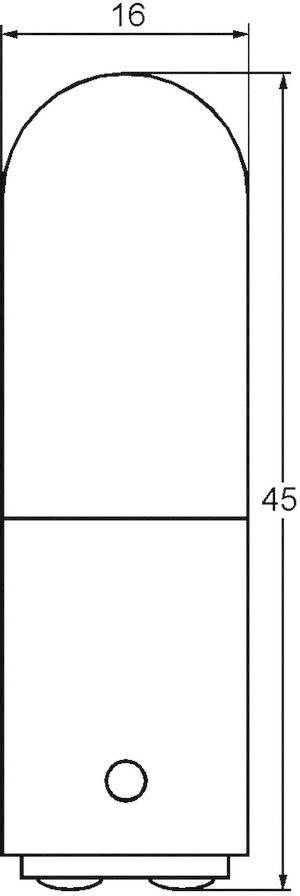 Technical drawing of a cylindrical object with a rounded upper end. The height is 45 units, the width 16 units.
