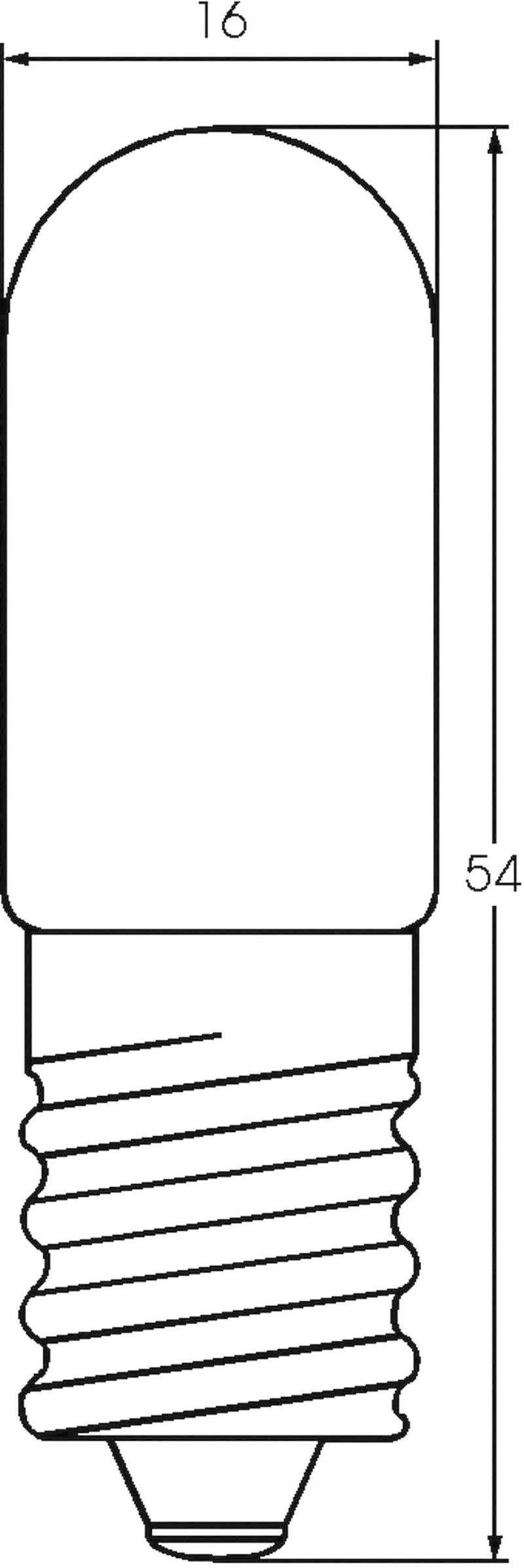 Drawing of a light bulb with screw base, dimensions: length 54 mm, diameter 16 mm.