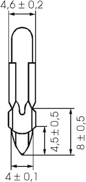 Technical drawing of a measuring tip with dimensions: length 8 mm, width 4.6 mm, tip 4 mm long, all dimensions with tolerances.