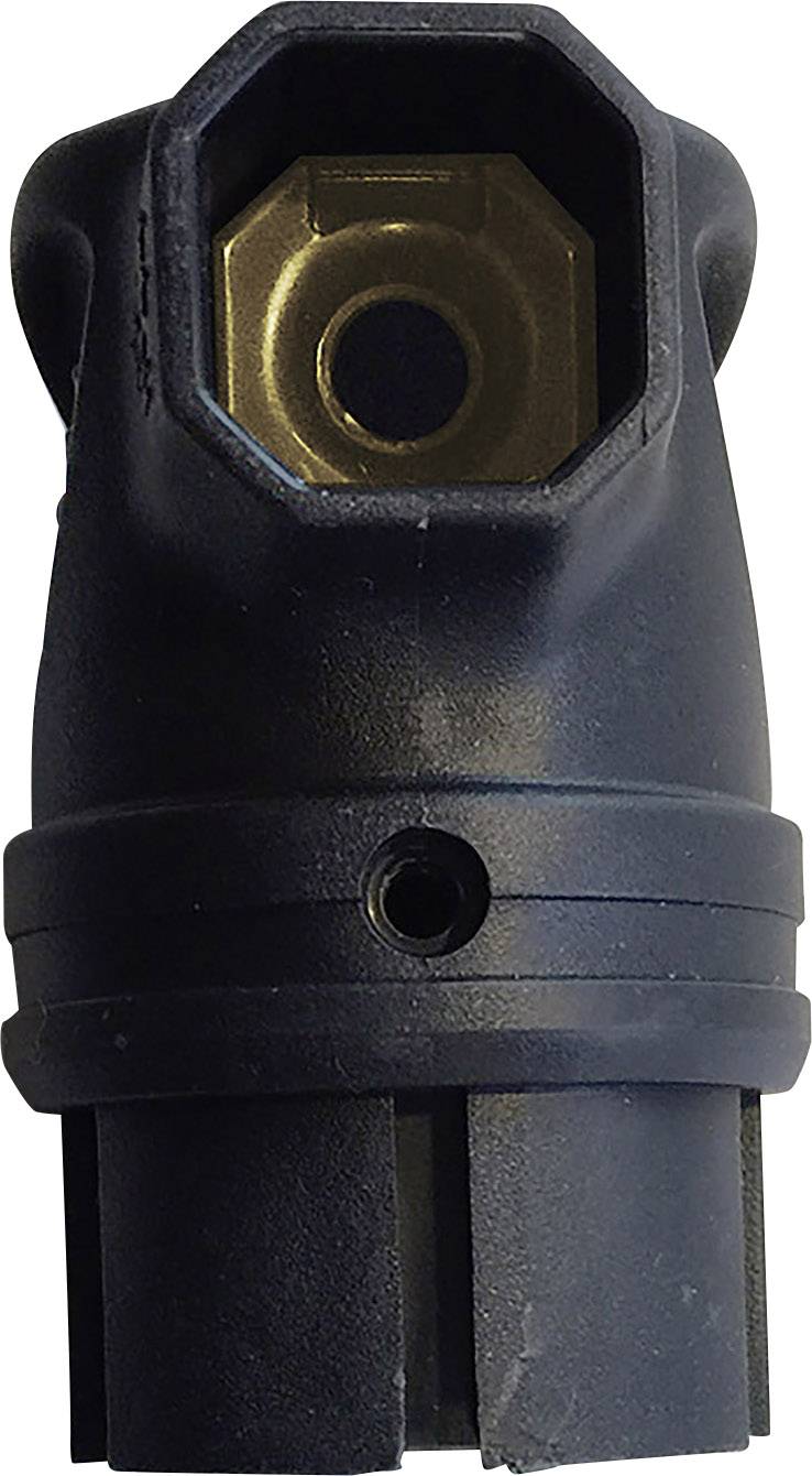 Black six-pin trailer plug with metal contact internally, used for electrical connections of trailers.