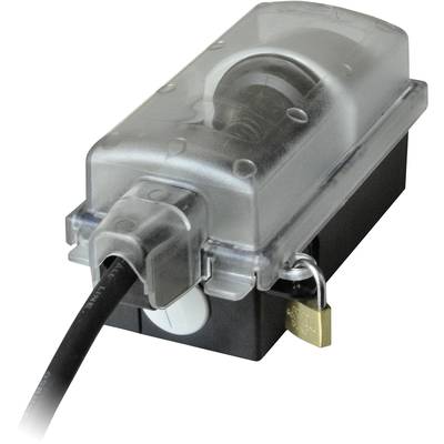 A black enclosure with a transparent lid protects an electrical cable connection. A small lock secures the lid.