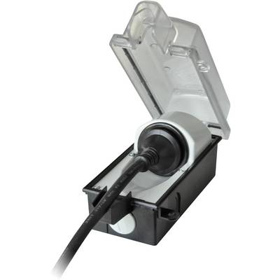 A black casing with a transparent lid that is open, containing a plugged-in power connector with cable.